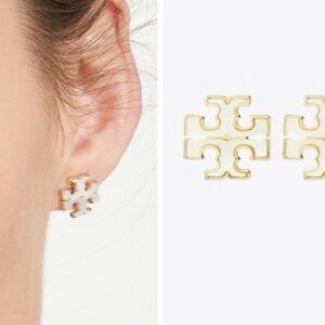 Tory Burch Gold and White Shell Stud Earrings